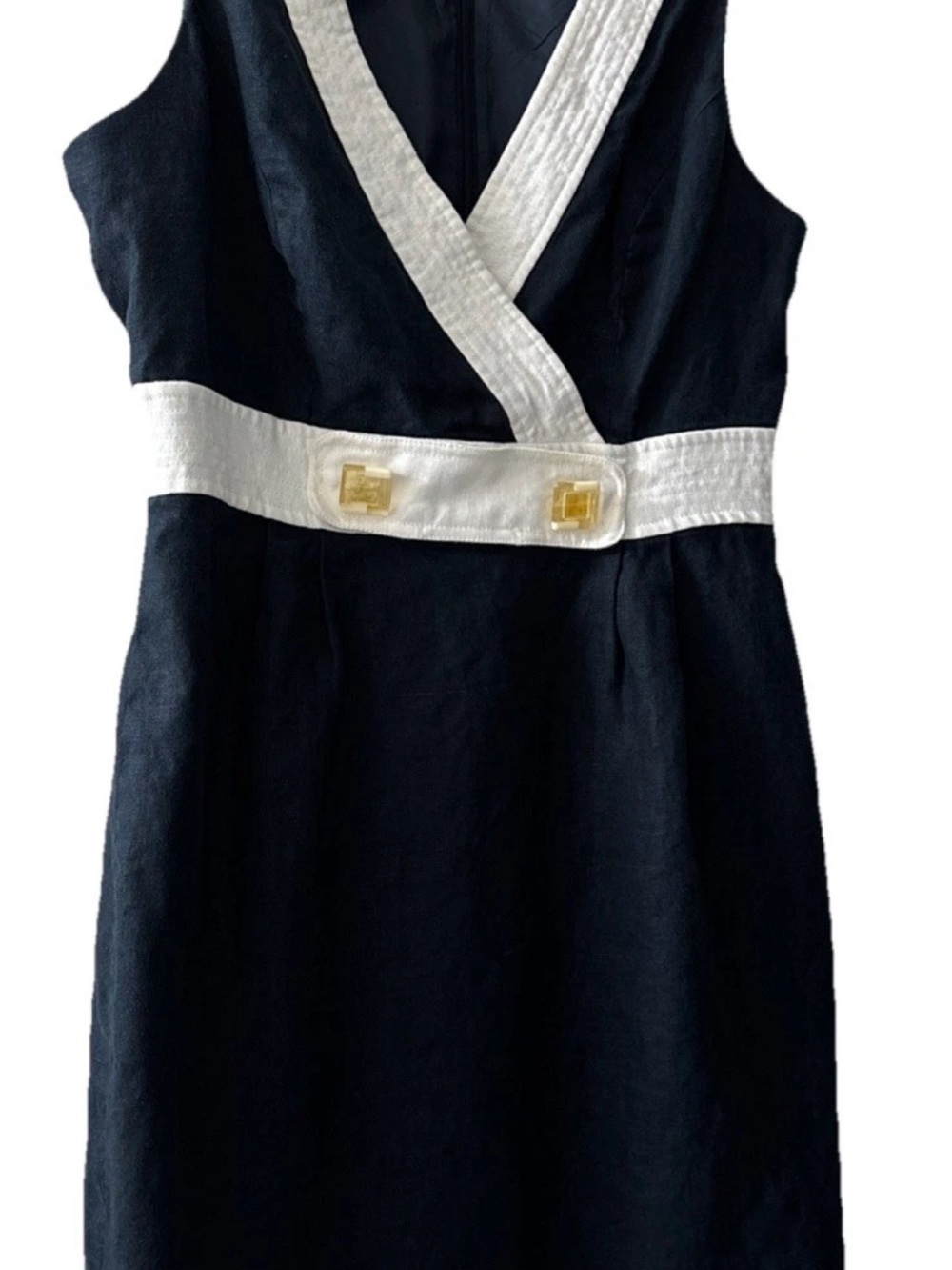 Donna Morgan Navy White Trim Sleeveless V-Neck & button embellishment Linen dres